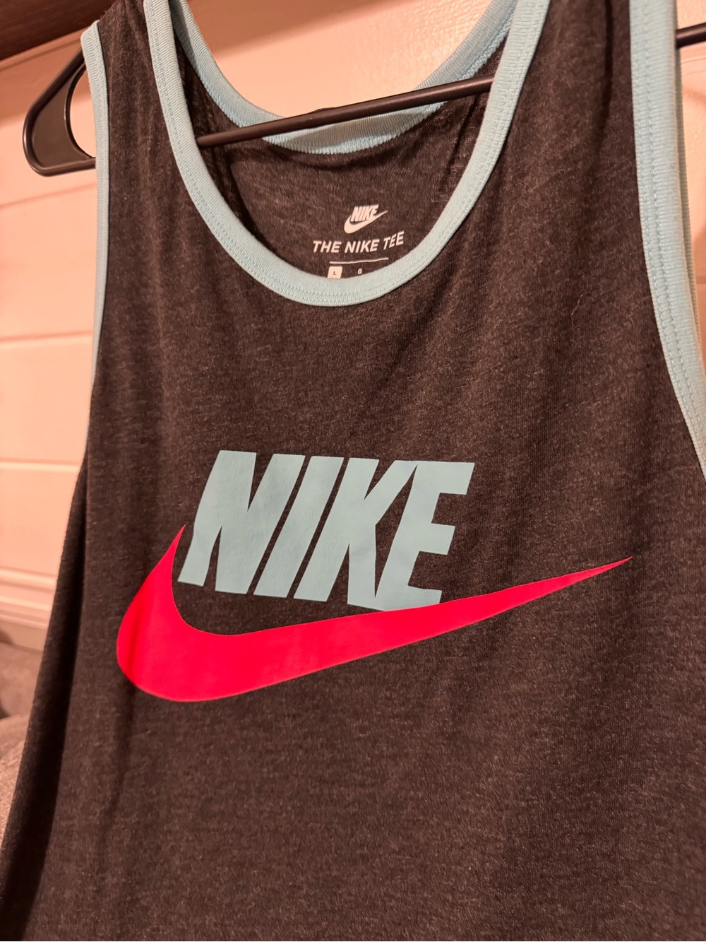 Men’s grey Tank Top with Light Blue Logo and Hot Pink Swoosh GUC